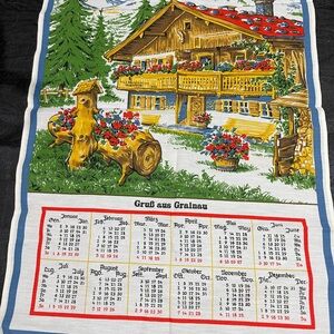 Scenic Alpine 1984 Calendar Tea Towel with Red Roof and Floral Accents